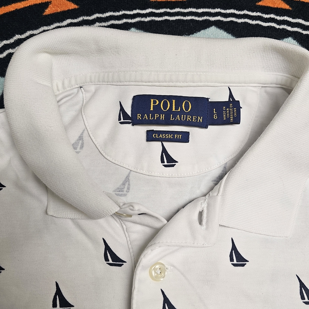 Ralph Lauren White Polo with Navy Sailboat Print